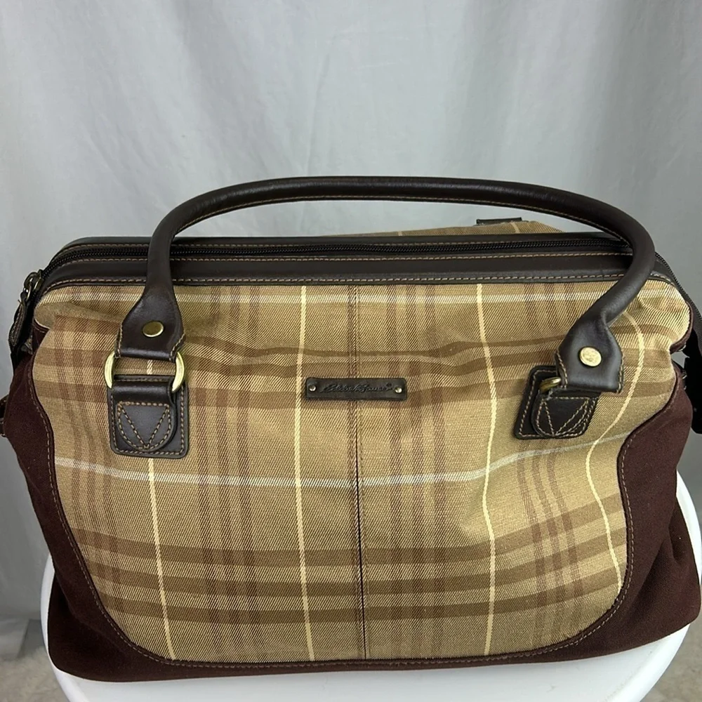 Eddie Bauer Classic Vintage Plaid Traveler Bag Luggage  Leather Trim & H…